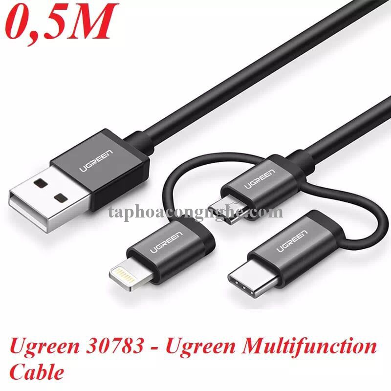 Ugreen 30783 0.5M màu Đen Cáp sạc đa năng USB sang TypeC + Micro + Lightning US186 30030783